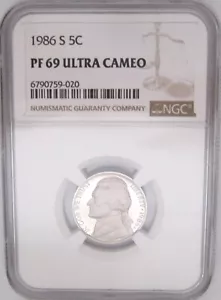 1986-S Jefferson Nickel NGC PF69 UCAM Graded ULTRA CAMEO PROOF =Flashy Bright 5c - Picture 1 of 7