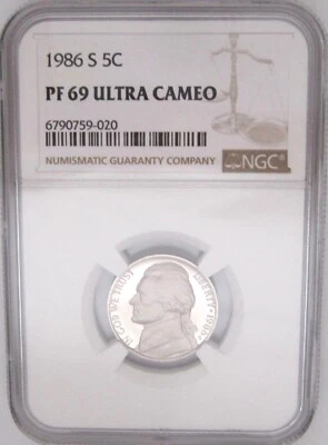 1986-S Jefferson Nickel NGC PF69 UCAM Graded ULTRA CAMEO Flashy Bright=2nd BEST - Image 1 of 4
