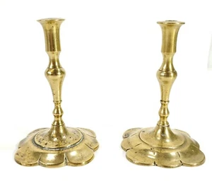 Pair of Antique Queen Anne or 19th c. Miniature Brass Taper Sticks - Picture 1 of 8