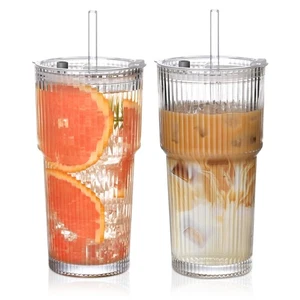 20oz Ribbed Glass Cups with Lids and Straws,2PCS Glass Tumbler with Straw and... - Bild 1 von 8