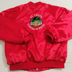 Vintage 80s St Croix Hotel Casino Satin Bomber Jacket Snap Button Red XL WI - Picture 1 of 14