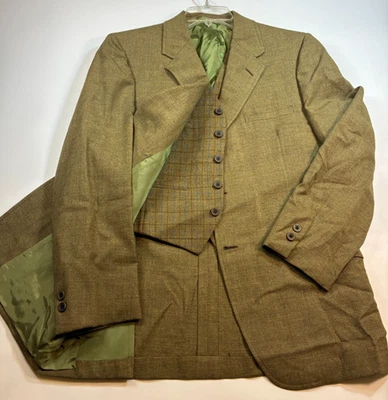 CHAQUETA DE TRAJE Y CHALECO A CUADROS De Colección Para Hombres 38 VERDE EJÉRCITO Bolsillo Billete Hart Marx Blazer Foto 1 de 4