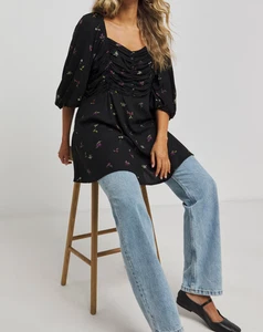 Simply Be Black Ditsy Square Neck Puff Sleeve Top Party Blouse Top Size 26 - Picture 1 of 14