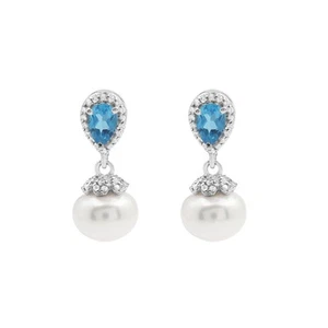 Orecchini a goccia di perle in argento sterling 925 topazio blu Londra... - Foto 1 di 3