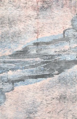 Calm Waters Pink Pastel Abstract Handmade Modern Rug 6x8 with Gentle Blue Tones - Image 1 of 4