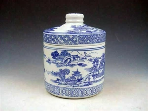Blue&White Landscape Scenery Porcelain LARGE Tea Caddie Jar w/ Cover #01282109 - Picture 1 of 8