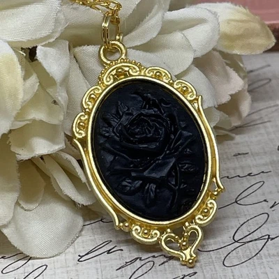 Halloween Gótico Vikingo Regalo Cumpleaños Oro Collar Negro Rosa Camafeo Joyería Foto 1 de 4