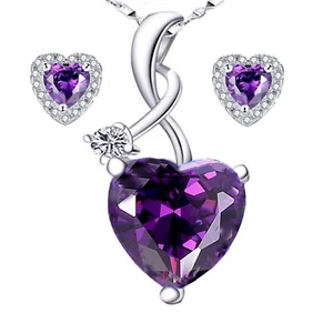 Sterling Silver Simulated Heart Amethyst Pendant Necklace & Earring Gift For Her - Picture 1 of 10