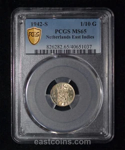 PCGS MS65 1942-S Netherlands East Indies 1/10 Gulden, San Francisco Mint. KM-318 - Picture 1 of 4