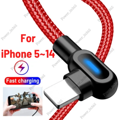 Cable cargador rápido USB trenzado ángulo recto 90° para iPhone 14 13 12 11 XR X 8 7 6 Foto 1 de 4