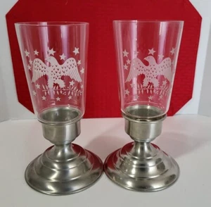 Pair of Vintage Americana Pewter Candle Holder W/ Glass Shades Eagle Design  - Picture 1 of 12