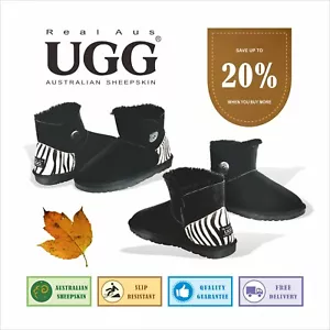 Ugg Real Aus 100%Australian Sheepskin Wool Women One Button Zebra Pattern Black - Picture 1 of 8