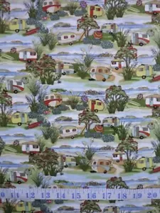 Caravans Retro Holidays Cotton Quilting Fabric 1/2 YARD - Picture 1 of 3