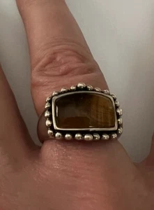 Designer Tigers Eye 925 Sterling Silver Signed A Vintage Ring Sz 6 - Picture 1 of 8