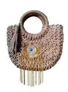 Evil Eye Straw Bag with Draw String Liner Stylish and Practical Shoulder Strap - Picture 1 of 6
