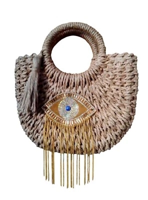 Evil Eye Straw Bag with Draw String Liner Stylish and Practical Shoulder Strap - Image 1 of 4