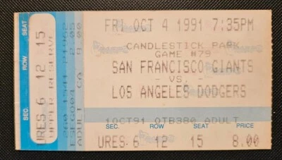 San Francisco Los Angeles Dodgers Baseball Ticket Stub 10/4 1991 M. Williams HR - Image 1 of 2