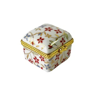 Vintage Porcelain Gold Plated Trim Floral Flowers Square Trinket Pill Box - Foto 1 di 5