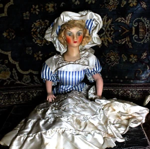 ANTIQUE 25" UNUSUAL EYES FRENCH WAX COVERED BOUDOIR DOLL ORIGINAL CLOTHES TLC - Picture 1 of 22