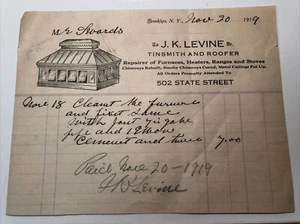 1919 J. K. LEVINE TINSMITH & ROOFER Furnace Heater Brooklyn NEW YORK Letterhead - Picture 1 of 4