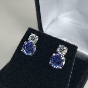 3Ct Round Cut Tanzanite Lab Created Stud Earrings 14K White Gold Plated Silver