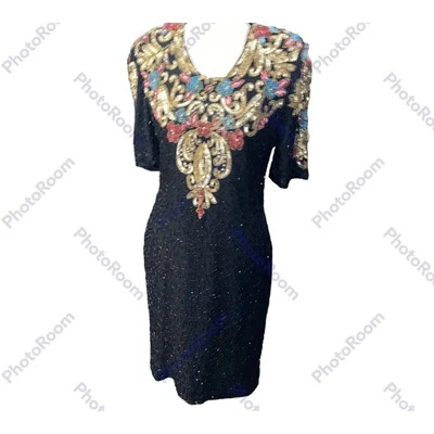 Vtg Scala Milan Paris LA Beaded Sequin Silk Lined Festive Party Dress Sz M Flaw - Image 1 of 4