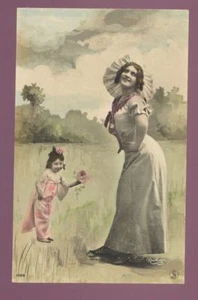 Lovely Lady and Sweet Young Girl Picking Flowers Tinted RPPC Vintage Postcard - Picture 1 of 1