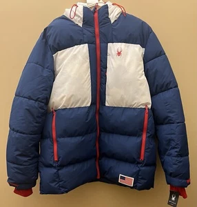 #176 Spyder USA Ski Team Hooded Quilted Puffer jacket blue/white/red Sz. L $229 - Picture 1 of 4