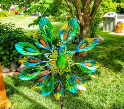 Metal Peacock Sculpture Wind Spinner Large Garden Yard Art Decor Statue Ornament - Image 1 of 4
