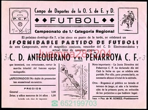 CARTEL DE FUTBOL 1945 CD ANTEQUERANO - PEÑARROYA CF 215x158mm - Imagen 1 de 2