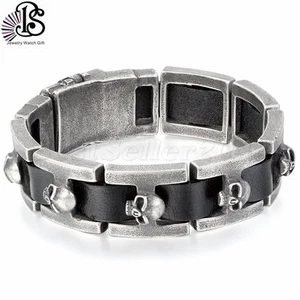 19MM Men's Heavy Stainless Steel Skull Black Genuine Leather Biker Bracelet Cuff - Picture 1 of 5