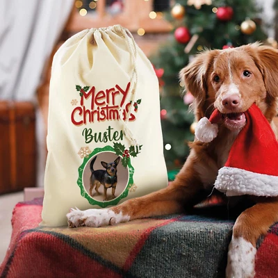 WILLOWGIFTS Personalised Name and Photo Merry Christmas COTTON SANTA SACK - Dog Pet Gifts
