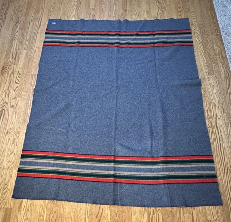 VTG Pendleton Camp Gray w/ Red Green Black Stripes Wool Blanket 67" x 82" NWT - Image 1 of 4