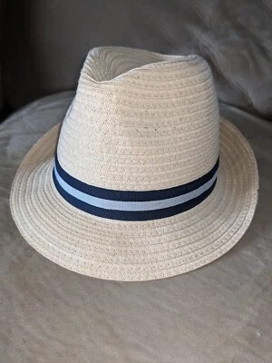 NEW - Boys Beige Straw Fedora Sun Hat w/ blue trim Fits 4-6 yrs by Crazy 8 - Image 1 of 4