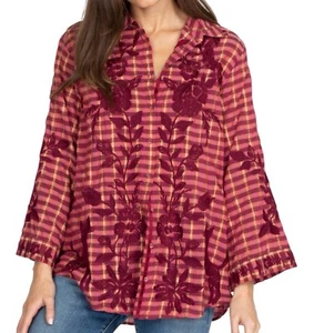 Johnny Was kimono Sleeves Relaxed Fit Boho Plaid Floral Short Blouse Woman XS - Picture 1 of 12