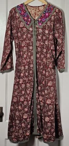 VTG 90s Cottagecore Maxi Dress 38"Chest Boho Brown Floral Metallic Embroidered - Picture 1 of 24