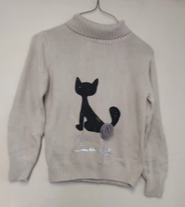 GIRLS SIZE 10 LONG SLEEVE SWEATER TAN WITH BROWN KITTEN ON THE FRONT - Picture 1 of 4