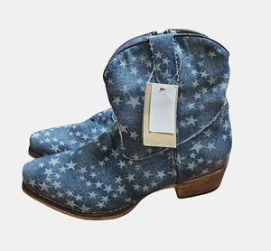 Roper Merica Denim Snip Toe Western Boots Blue Stars 8.5 Stone Wash Western NWT - Picture 1 of 14