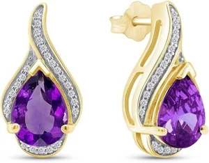 Stud Earrings Pear Shape Simulated Amethyst & CZ 14K Yellow Gold Plated Silver - Picture 1 of 6