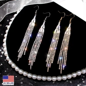 Women 925 Sterling Silver Tassel Earrings Prom Wedding Party Bling Shine 0461 - Picture 1 of 7