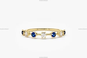 Sapphire Diamond Eternity Band Wedding Engagement Ring 14k Gold Fine Jewelry - Picture 1 of 7