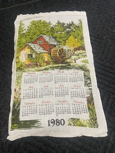 1980 Calendar Linen Tea Towel Red Barn, Water, Fishing, WaterMill - Picture 1 of 6