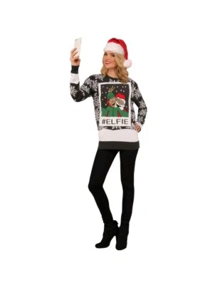 Unisex Forum Santa & Elf Hashtag Elfie #elfie Adulto Feo Navidad Suéter Grande Foto 1 de 3