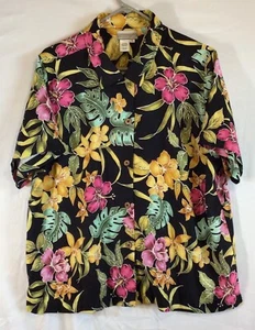Camicia donna Coldwater Creek nera taglia 1X 100% seta spiaggia tropicale hawaiana - Foto 1 di 8