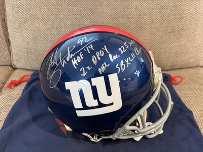 Michael Strahan Autographed Inscribed Career Stat Pro Line Helmet Fanatics - Image 1 of 4
