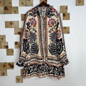 Farm Rio Beige Multi Floral Garden Print Tiered Belted Mini Dress Women’s Large - Picture 1 of 16