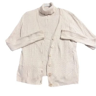 De Colección Jeanne Pierre Juego Doble Suéteres M Marfil Cable Tejido Cuello Alto Carcasa Foto 1 de 4