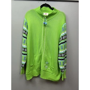 Quacker Factory Sweater Womens Size 2X Green Striped Winter Pom Poms Full zip - Picture 1 of 8