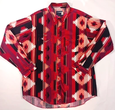 Vintage Wrangler Shirt Men's 17.5-36 Cowboy Cut X-Long Tails, Aztec Western - Image 1 of 4