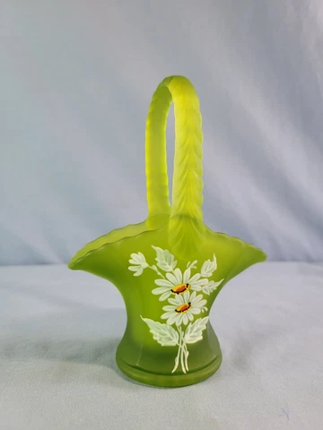 Vintage 70s Westmoreland Green Frosted Glass Hand Painted Daisies Handled Basket Cover